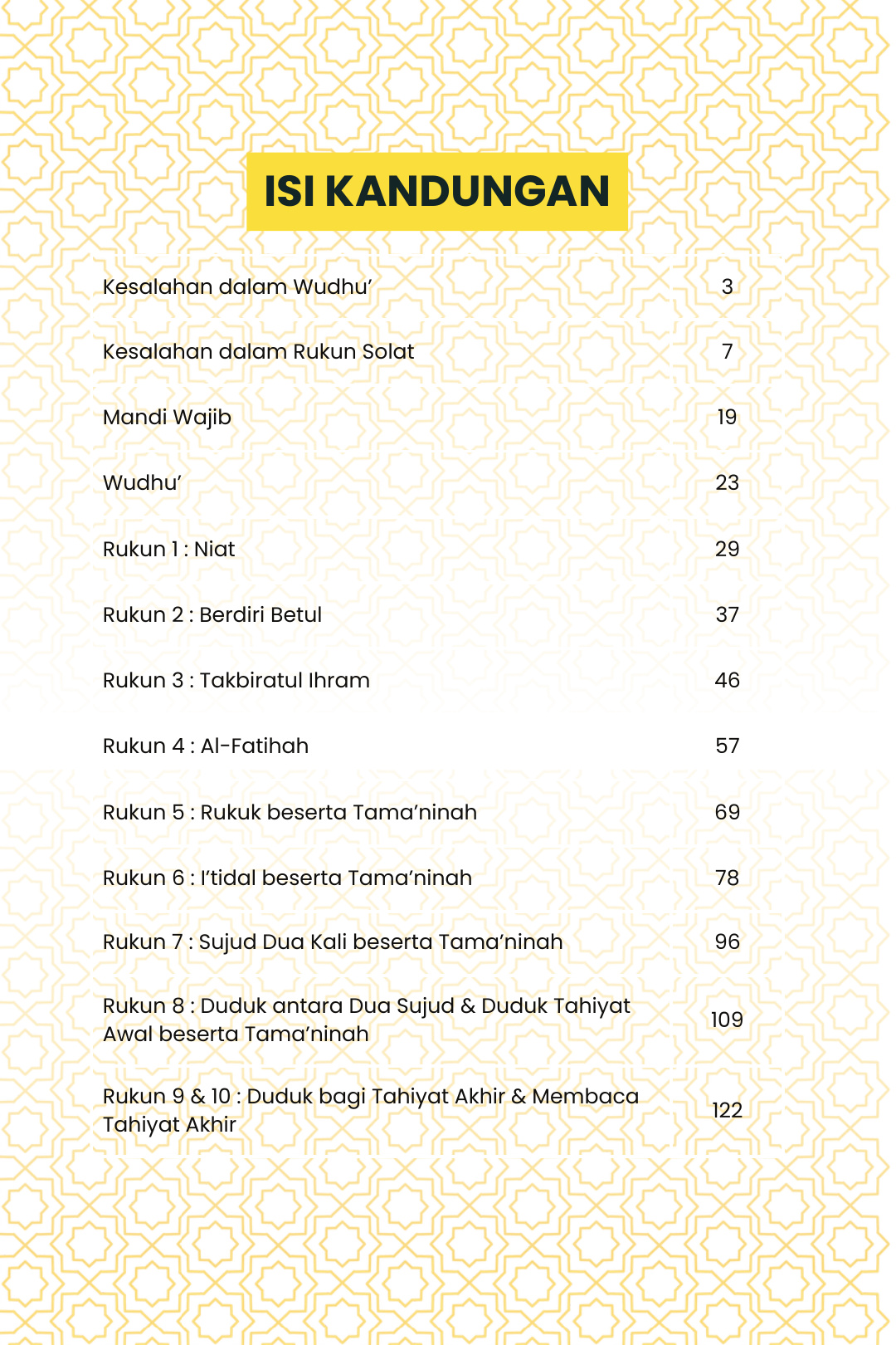 Isi kandungan halaman pertama: wuduk, mandi wajib dan rukun solat